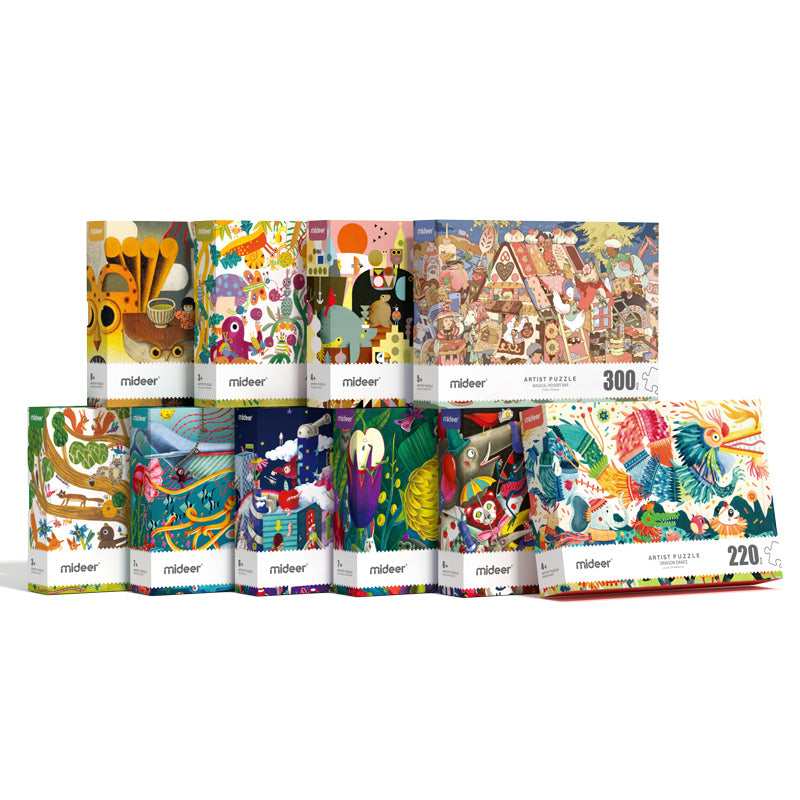 Puzzle artystyczne dla dzieci marki mideer z kolorowymi, kreatywnymi ilustracjami i różną liczbą elementów