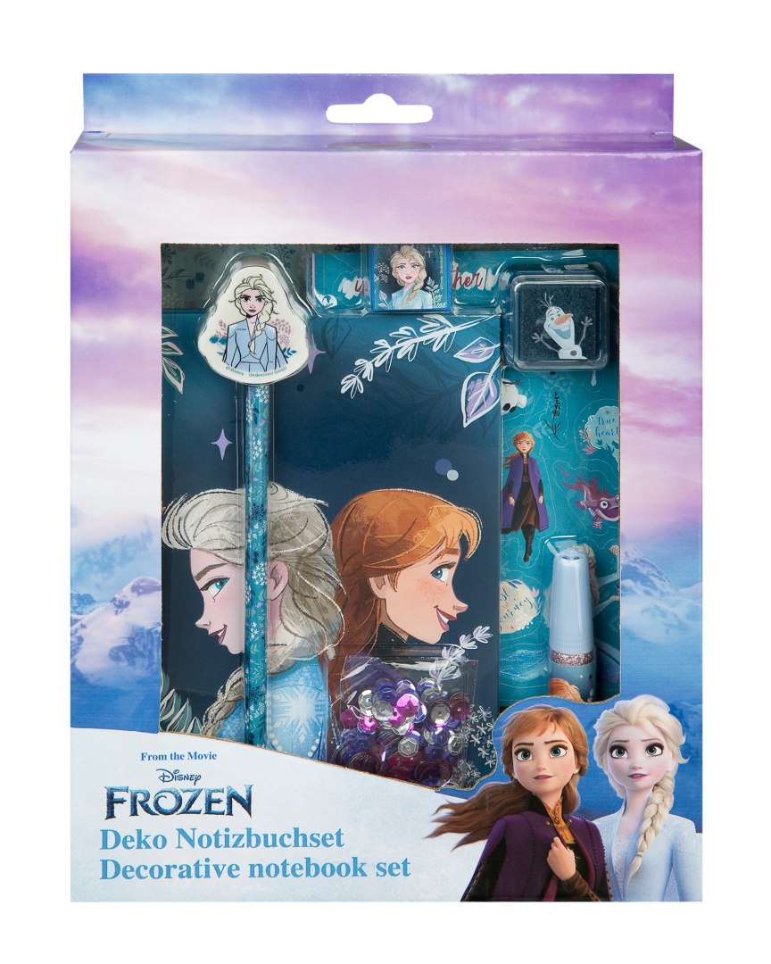 Set decorativo Frozen con quaderno, penna e adesivi con il tema Disney Frozen