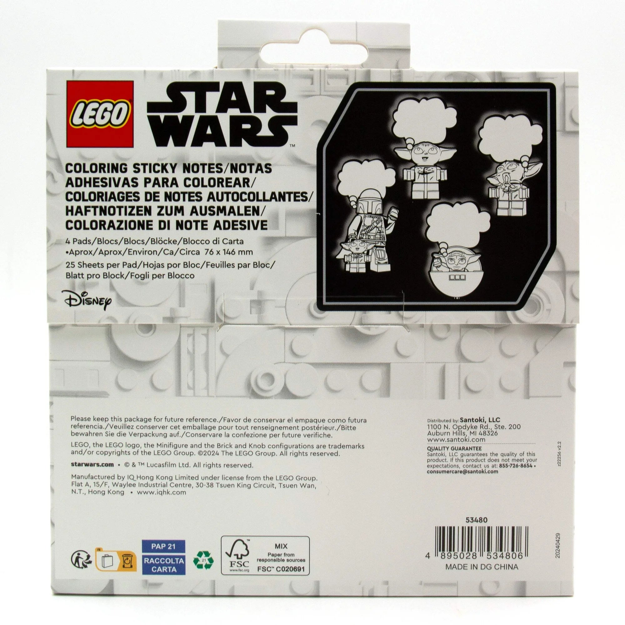 Opakowanie samoprzylepnych karteczek LEGO Star Wars z postaciami z serii Star Wars na białym tle
