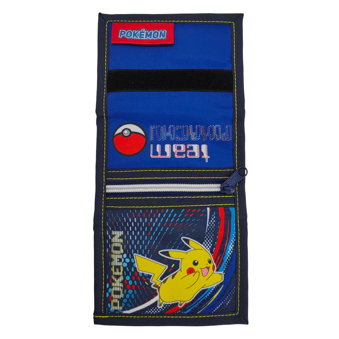 Rozłożony niebieski portfel Pokémon z motywem Pikachu i miejscem na monety zamykanym na zamek