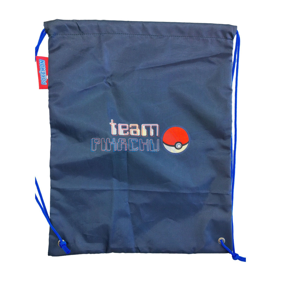 Marineblauer Schulbeutel Pokémon mit dem Schriftzug Team Pikachu und Pokeball-Druck