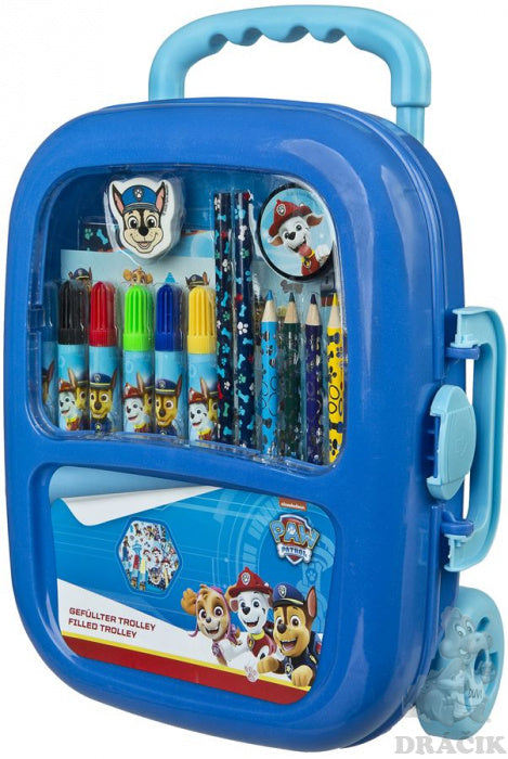Blue wheeled suitcase Paw Patrol with a set of colored markers and crayons for children