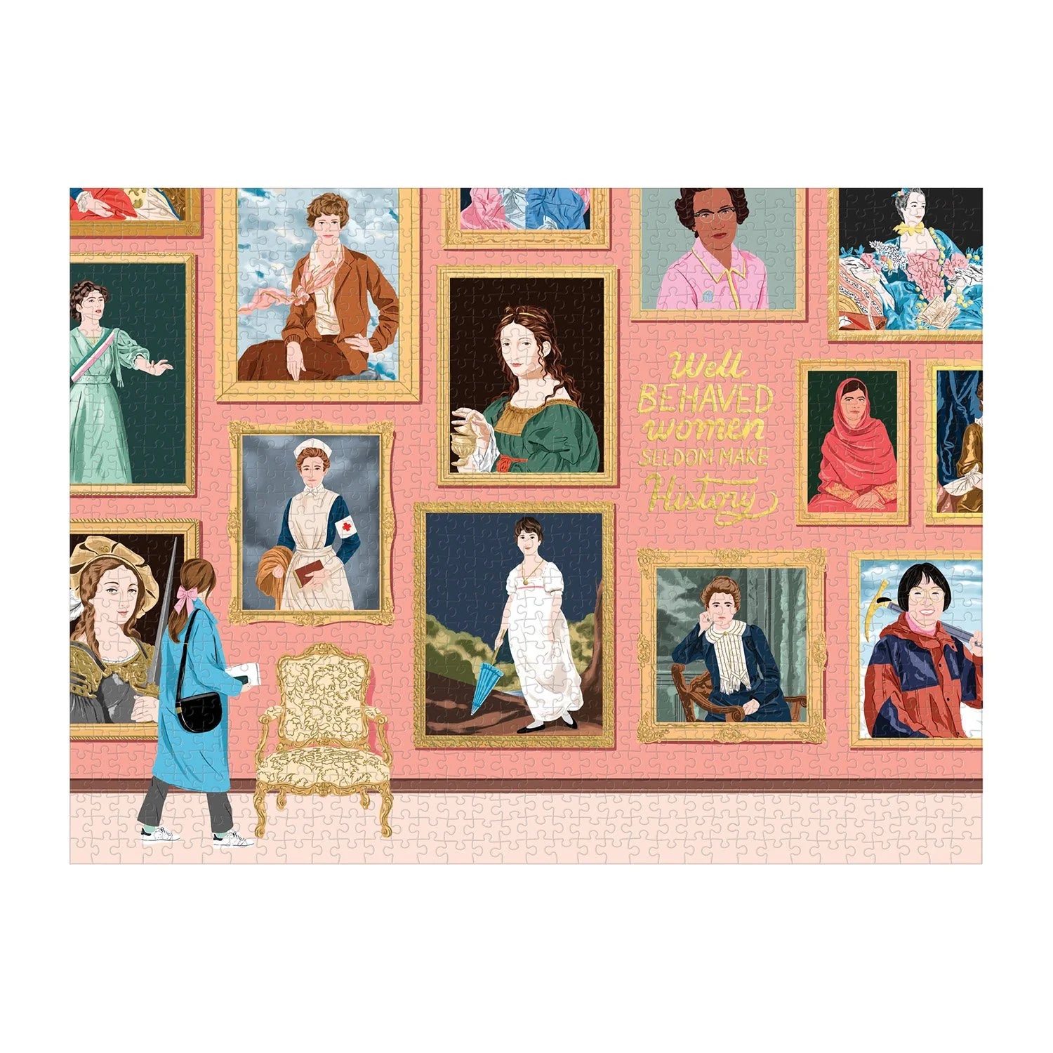 Puzzle Galison Herstory Museum 1000 elementów z ilustracjami kobiet w ramkach na różowym tle