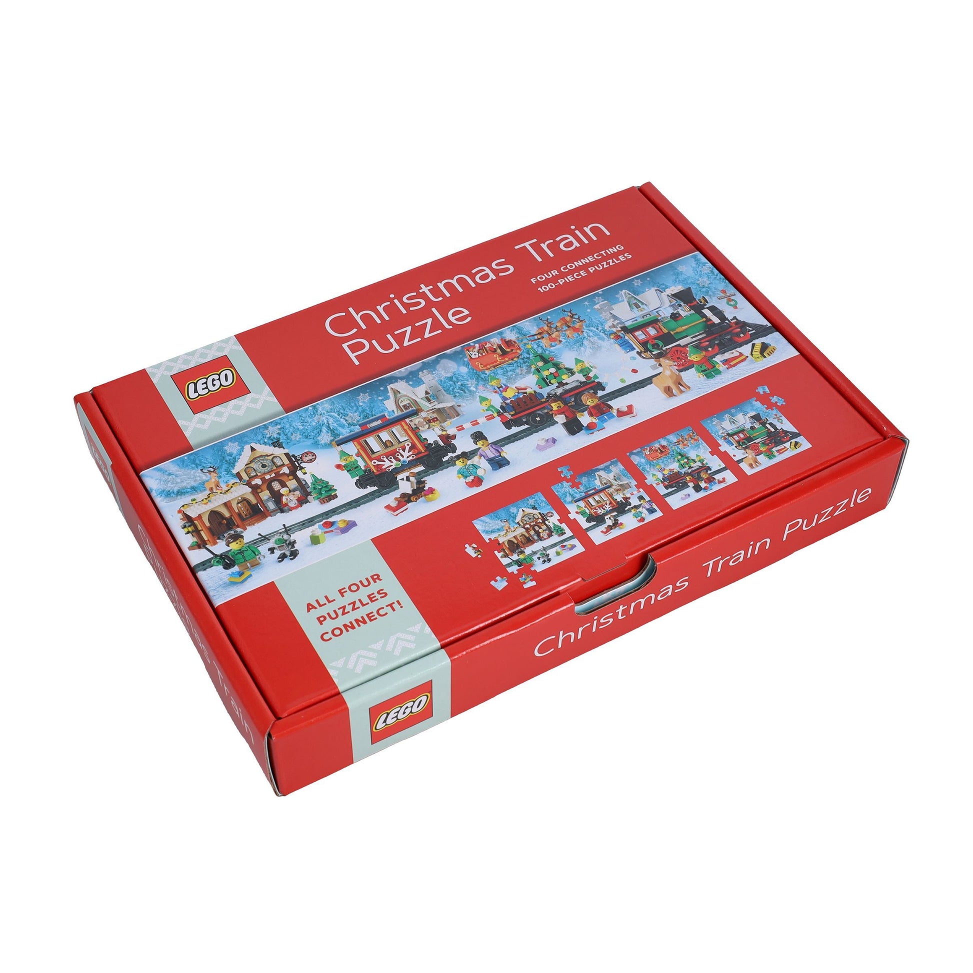 LEGO puzzle świąteczny pociąg w czerwonym opakowaniu z czterema połączonymi puzzlami