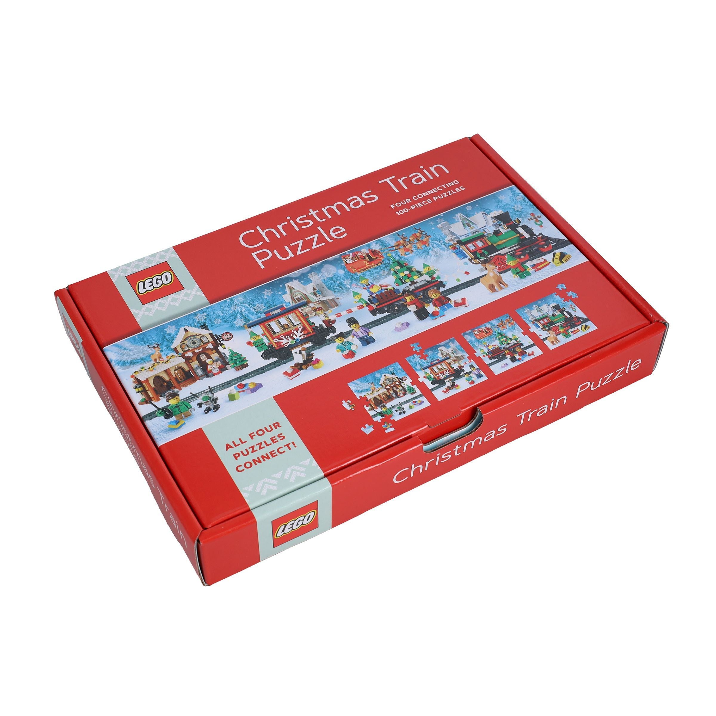 LEGO puzzle świąteczny pociąg w czerwonym opakowaniu z czterema połączonymi puzzlami