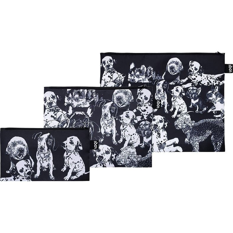 Zestaw saszetek LOQI z psami w czarno-białym kolorze o różnych rozmiarach
