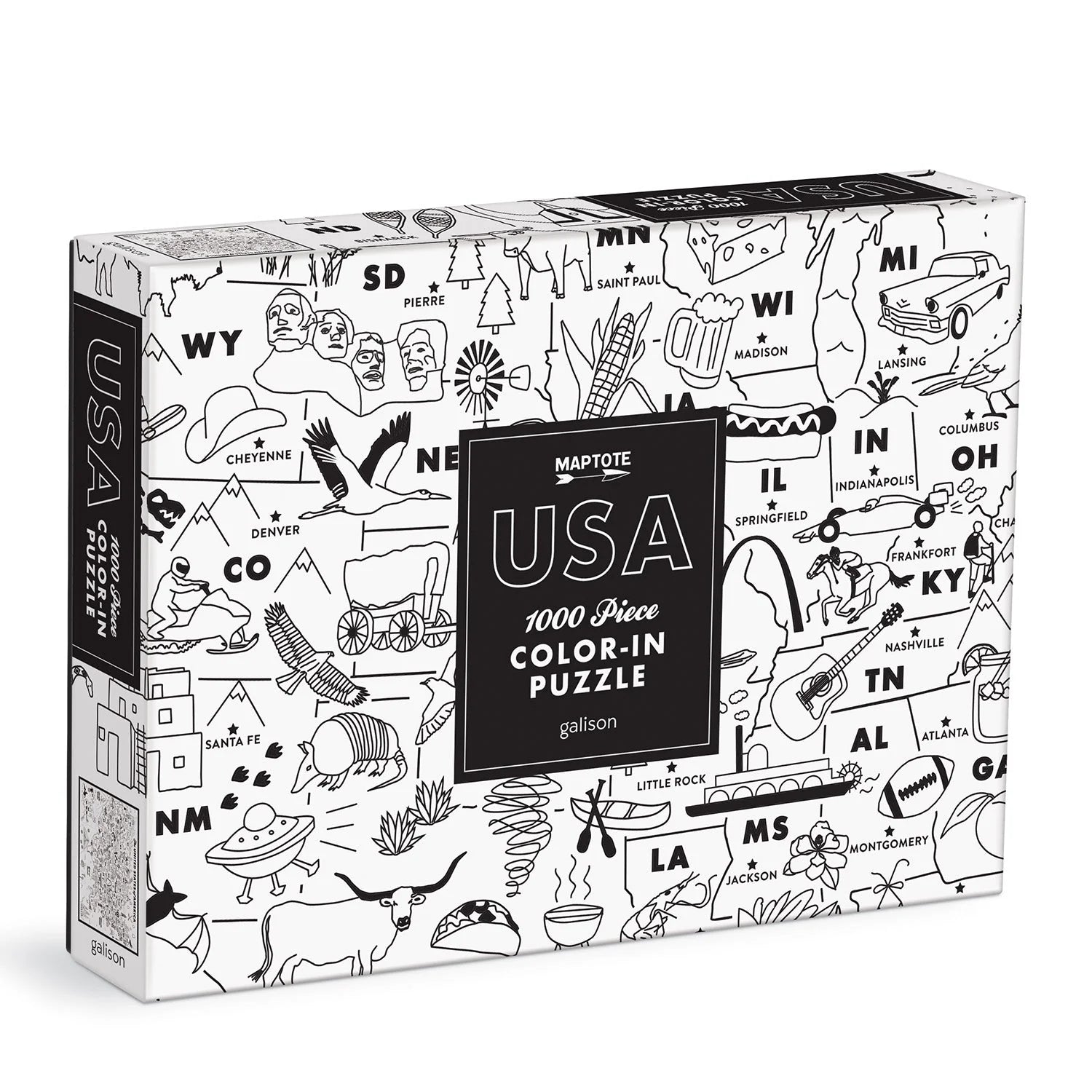 Puzzle do kolorowania USA 1000 elementów od Galison z mapą i ikonami Stanów Zjednoczonych