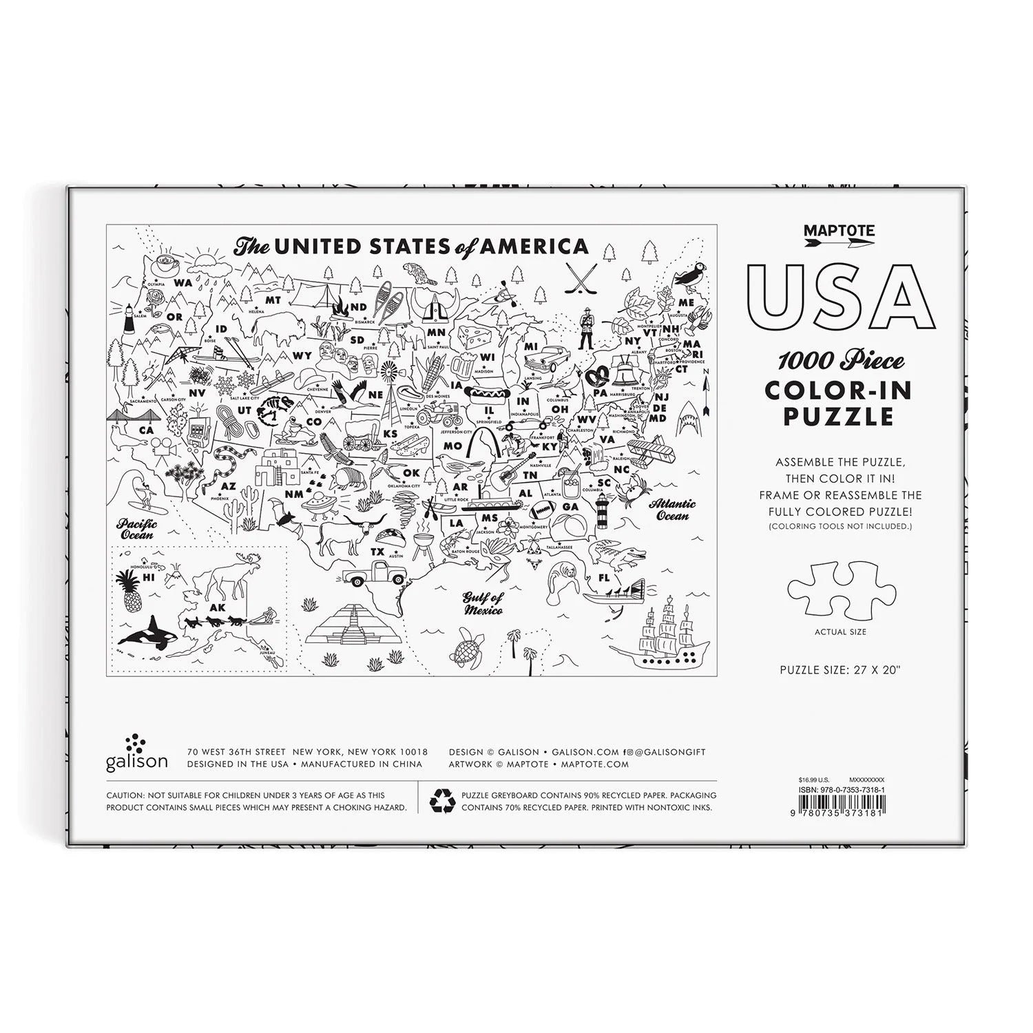Puzzle do kolorowania USA 1000 elementów z mapą Stanów Zjednoczonych do samodzielnego kolorowania