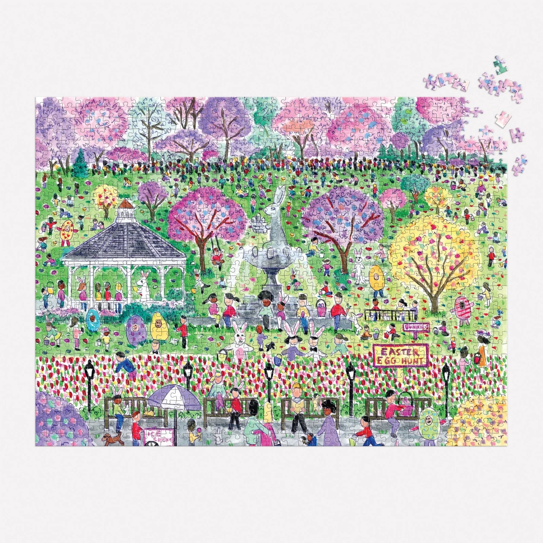 Kolorowy puzzle 1000 elementów dla dorosłych przedstawiający wiosenny park z kwitnącymi drzewami i ludźmi