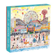 Puzzle Michael Storrings wesołe miasteczko obrazujące Coney Island z wesołymi postaciami i atrakcjami