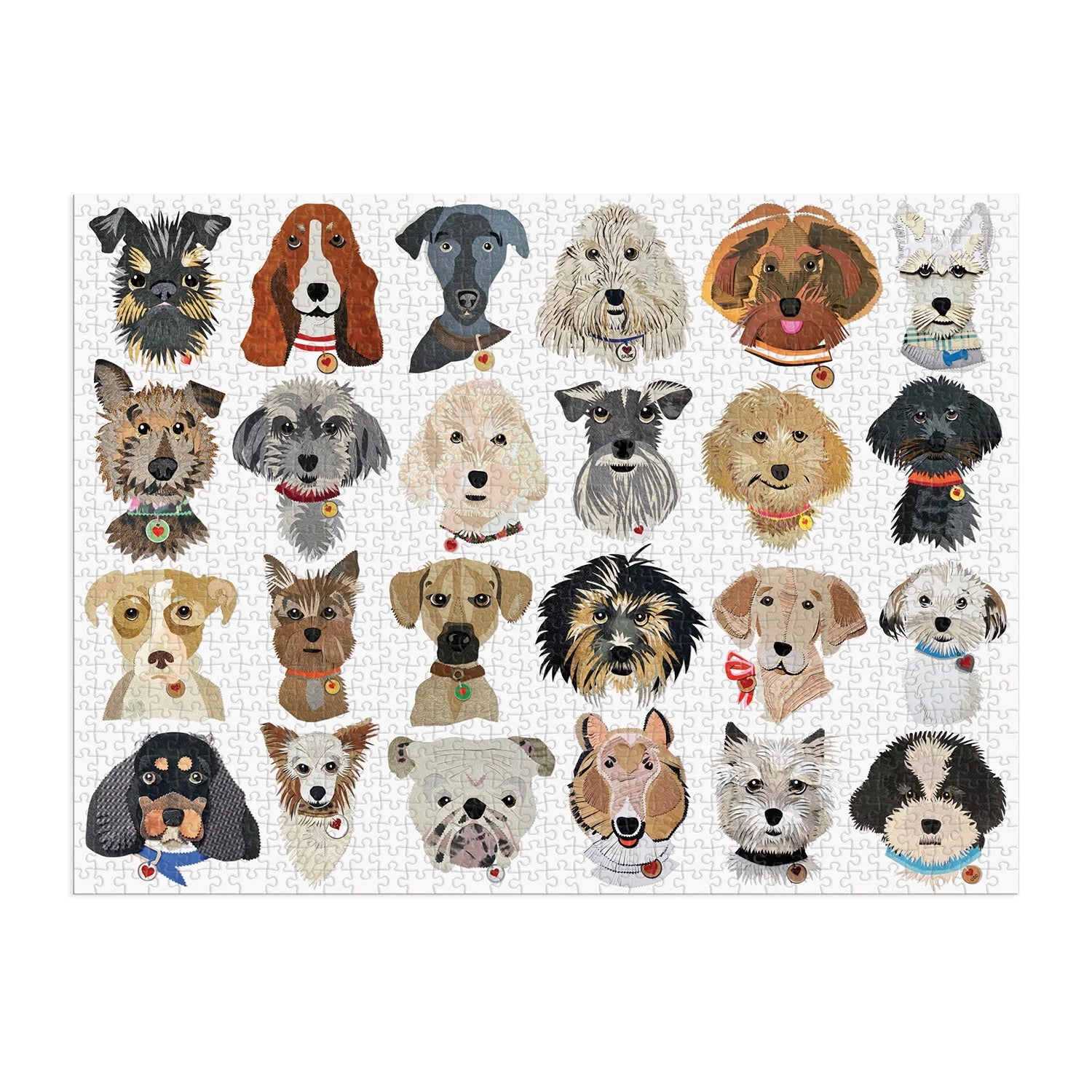 Puzzle z psami 1000 elementów Galison z ilustracjami różnych ras psów na białym tle