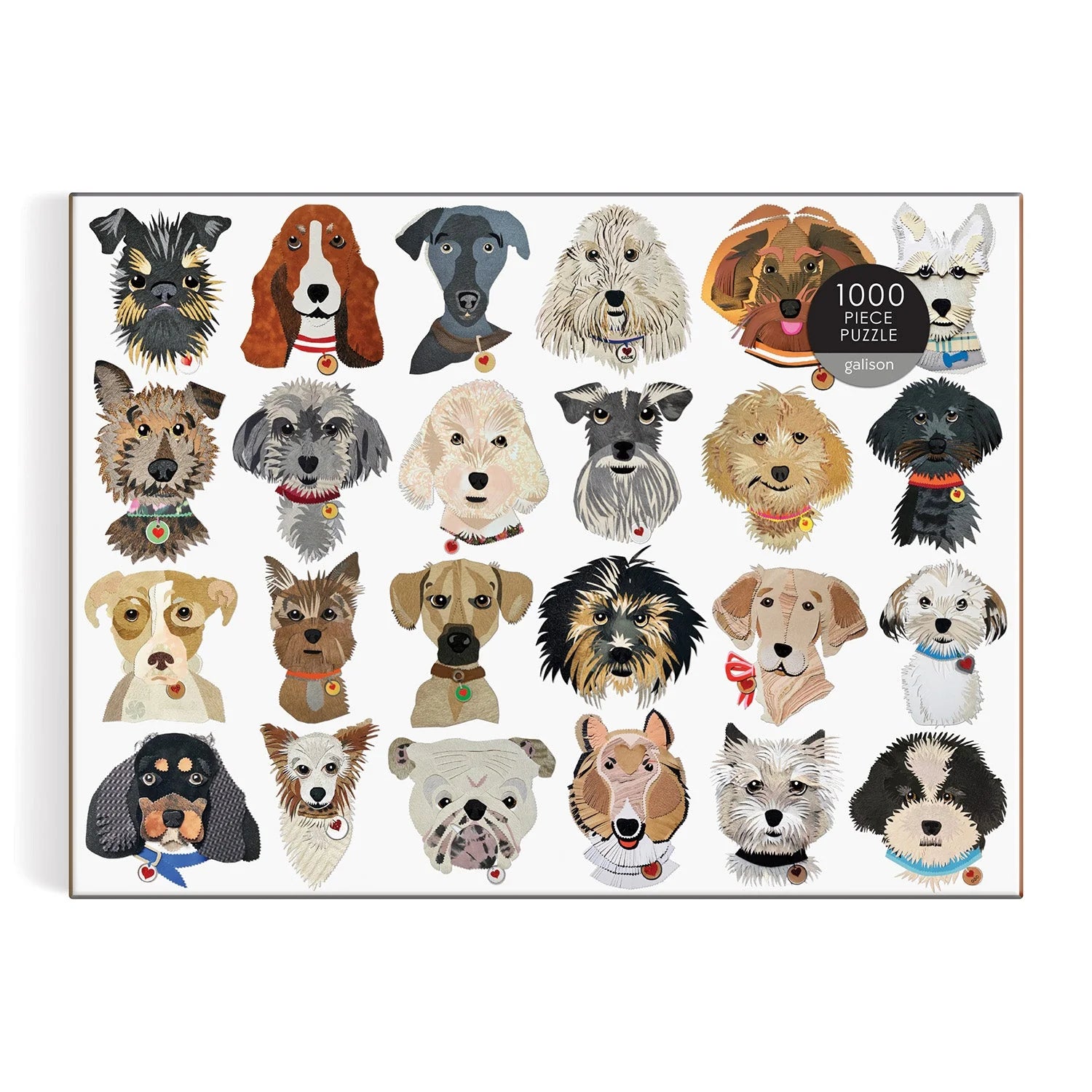 Puzzle z psami 1000 elementów od Galison z kolorowymi ilustracjami różnych ras psów