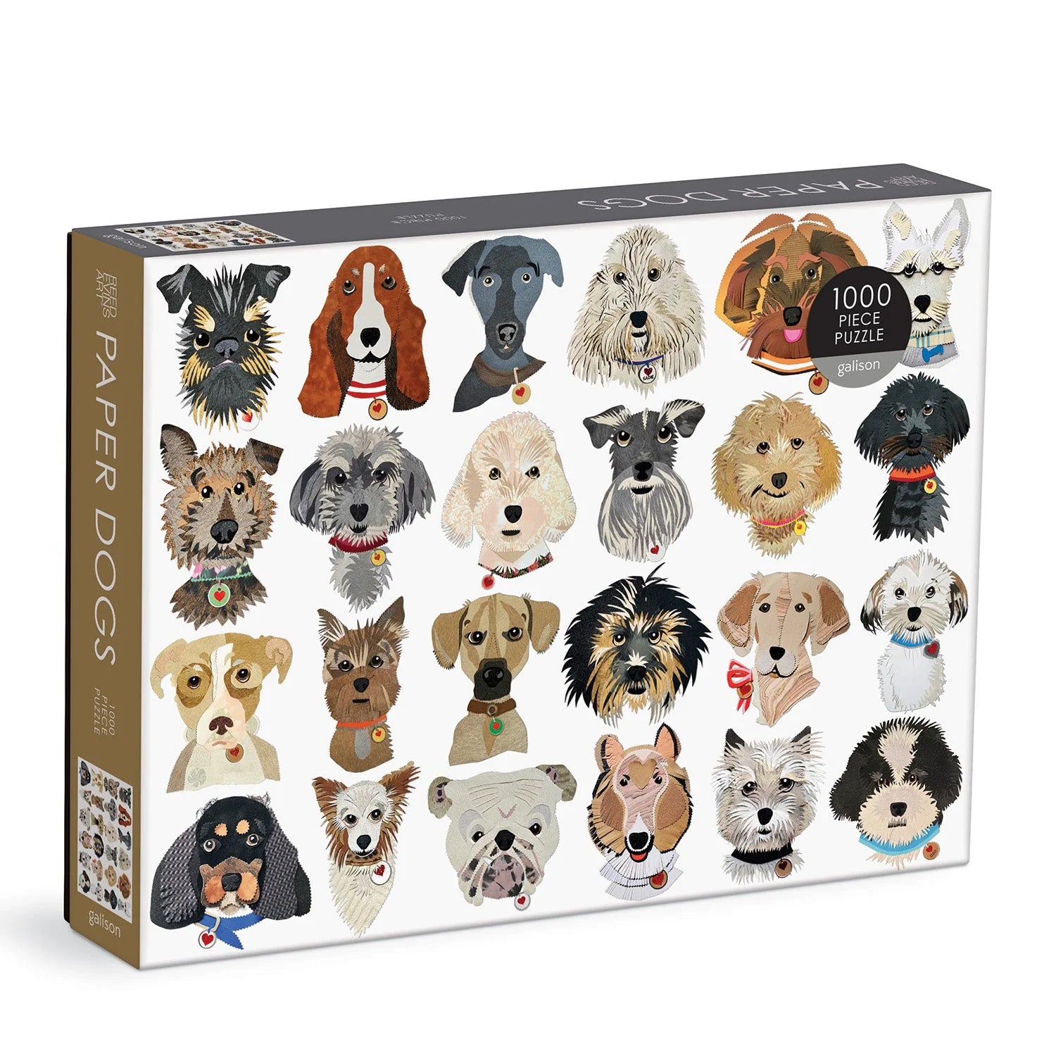 Puzzle z psami 1000 elementów od Galison z ilustracjami różnych ras psów na białym tle