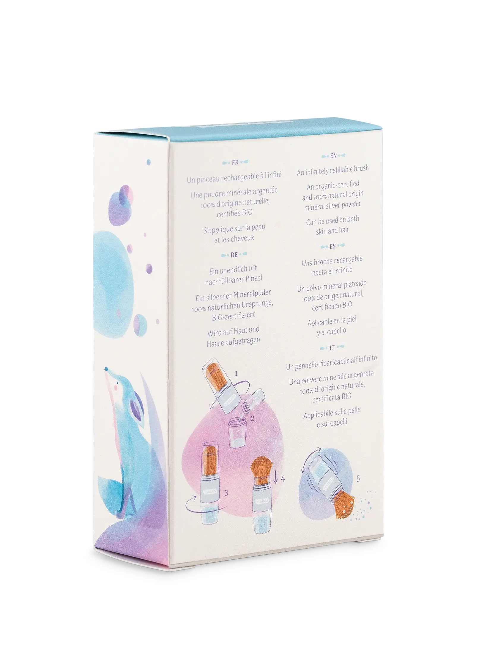 opakowanie pędzla z brokatem dla dzieci marki Yamann z instrukcją użycia i grafiką pędzli