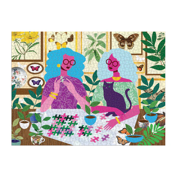 Kolorowe puzzle 1000 elementów dla dorosłych z ilustracją dwóch kobiet układających puzzle przy stole z roślinami