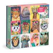 Puzzle Galison 500 elementów z kolorowymi ilustracjami zwierząt i kwiatów na pudełku